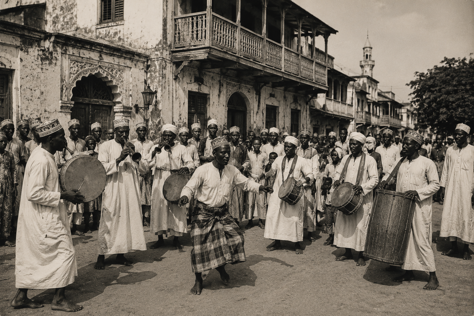 Historic-style ngoma street circle with drums and dancers